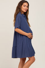 Navy Buttondown Short Sleeve Maternity Dress