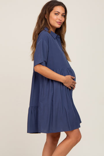 Navy Buttondown Short Sleeve Maternity Dress