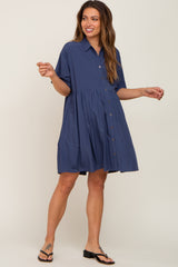 Navy Buttondown Short Sleeve Maternity Dress