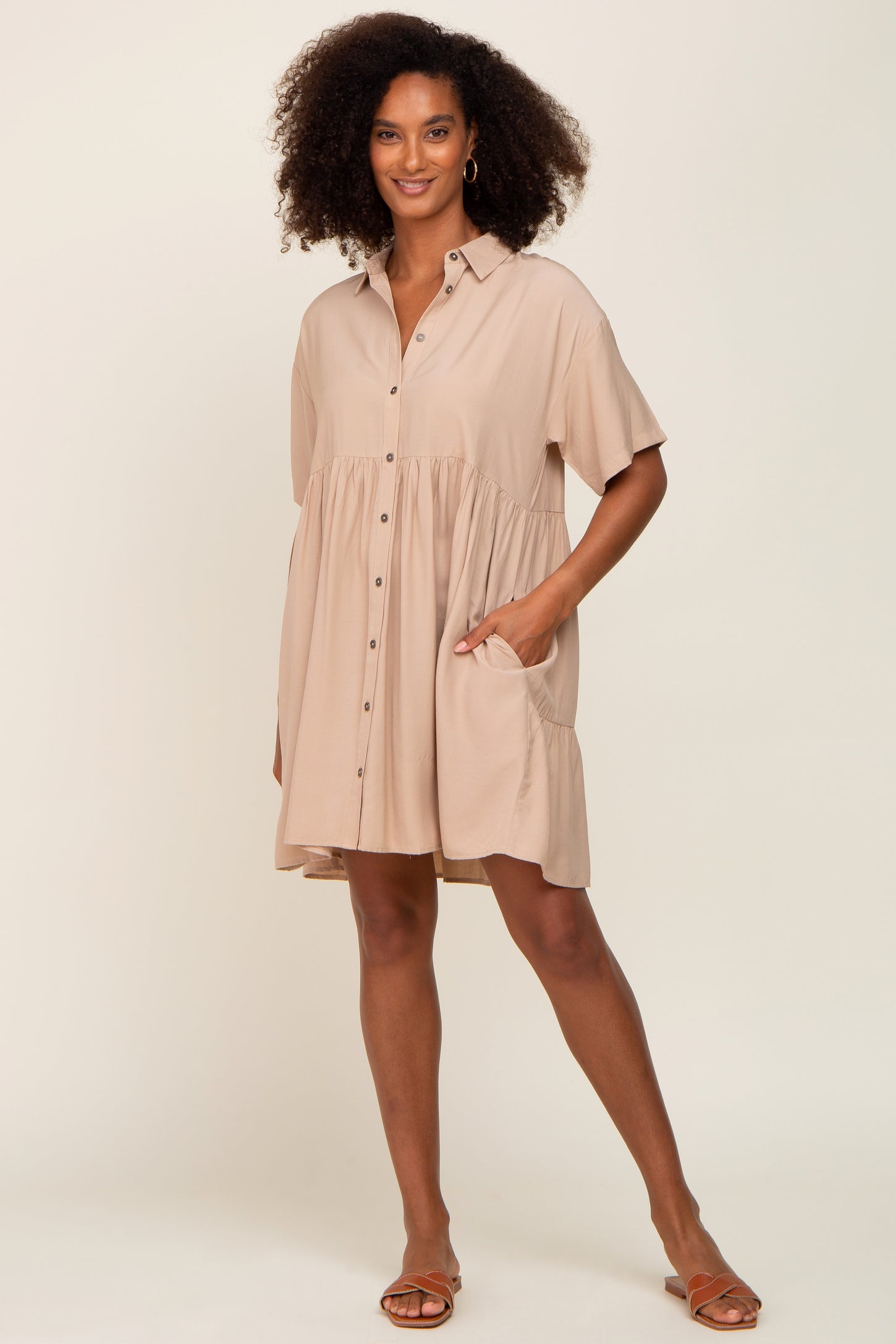 Taupe Buttondown Short Sleeve Dress