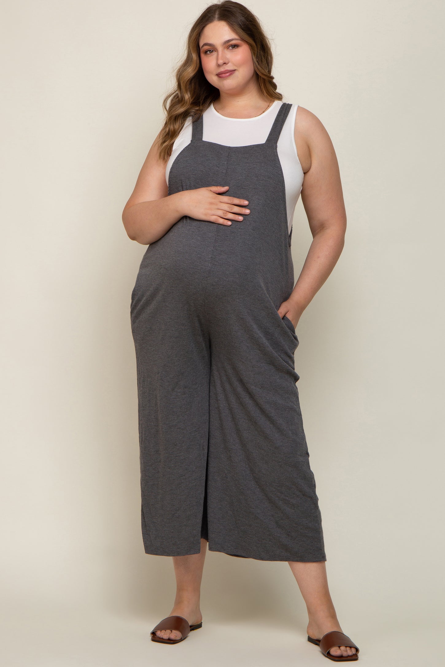Charcoal Ribbed Maternity Plus Wide Leg Jumpsuit