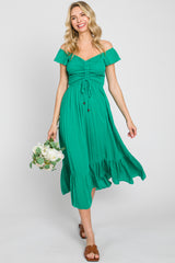 Green Smocked Ruched Ruffle Hem Maxi Dress