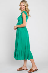 Green Smocked Ruched Ruffle Hem Maxi Dress
