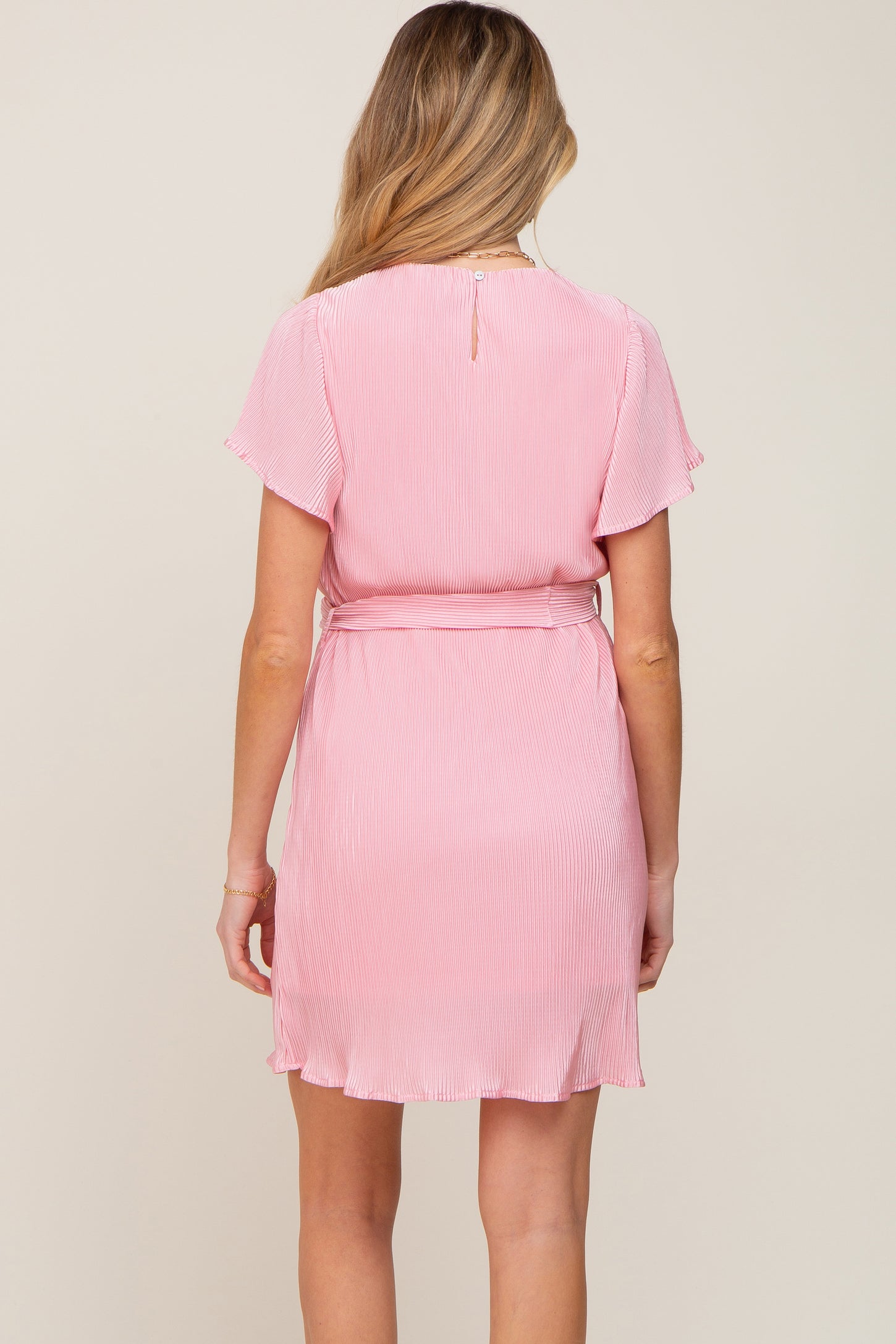 Pink Pleated Front Tie Maternity Dress