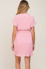 Pink Pleated Front Tie Maternity Dress
