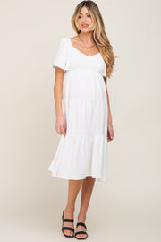 White Tiered Criss Cross Back Maternity Midi Dress