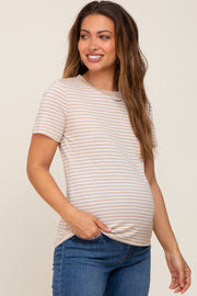 Taupe Striped Basic Maternity Tee