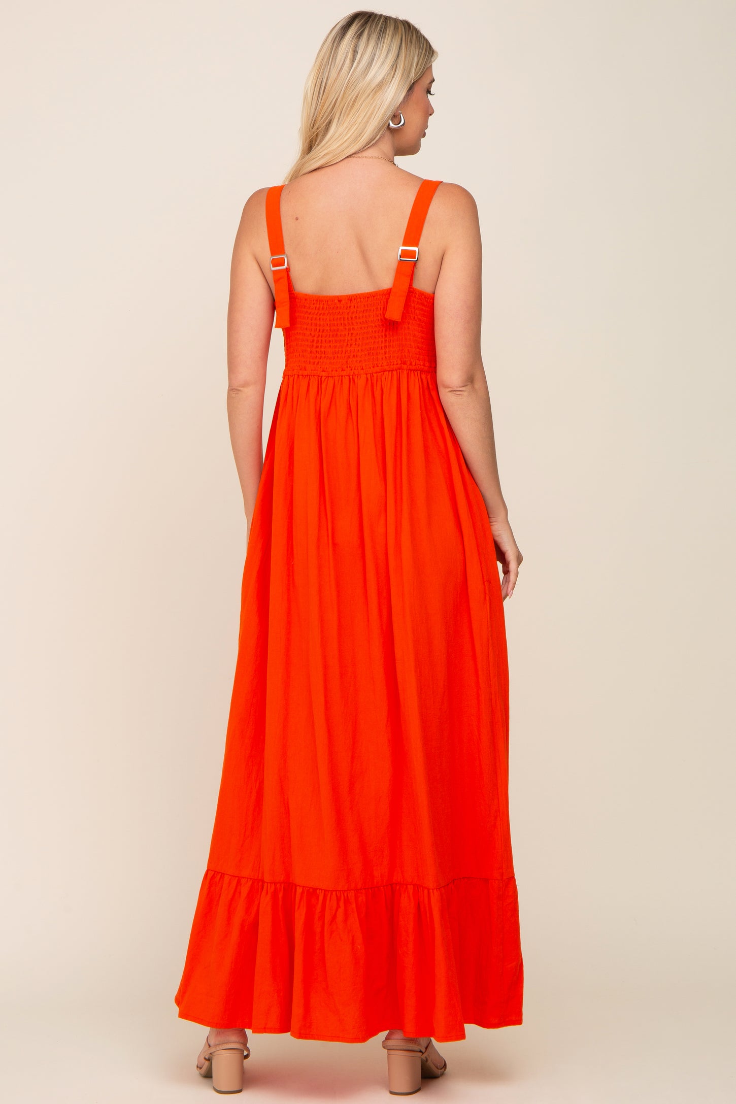 Red Orange Front Button Sleeveless Maxi Dress