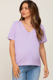 Lavender V-Neck Relaxed Maternity Short Sleeve Top