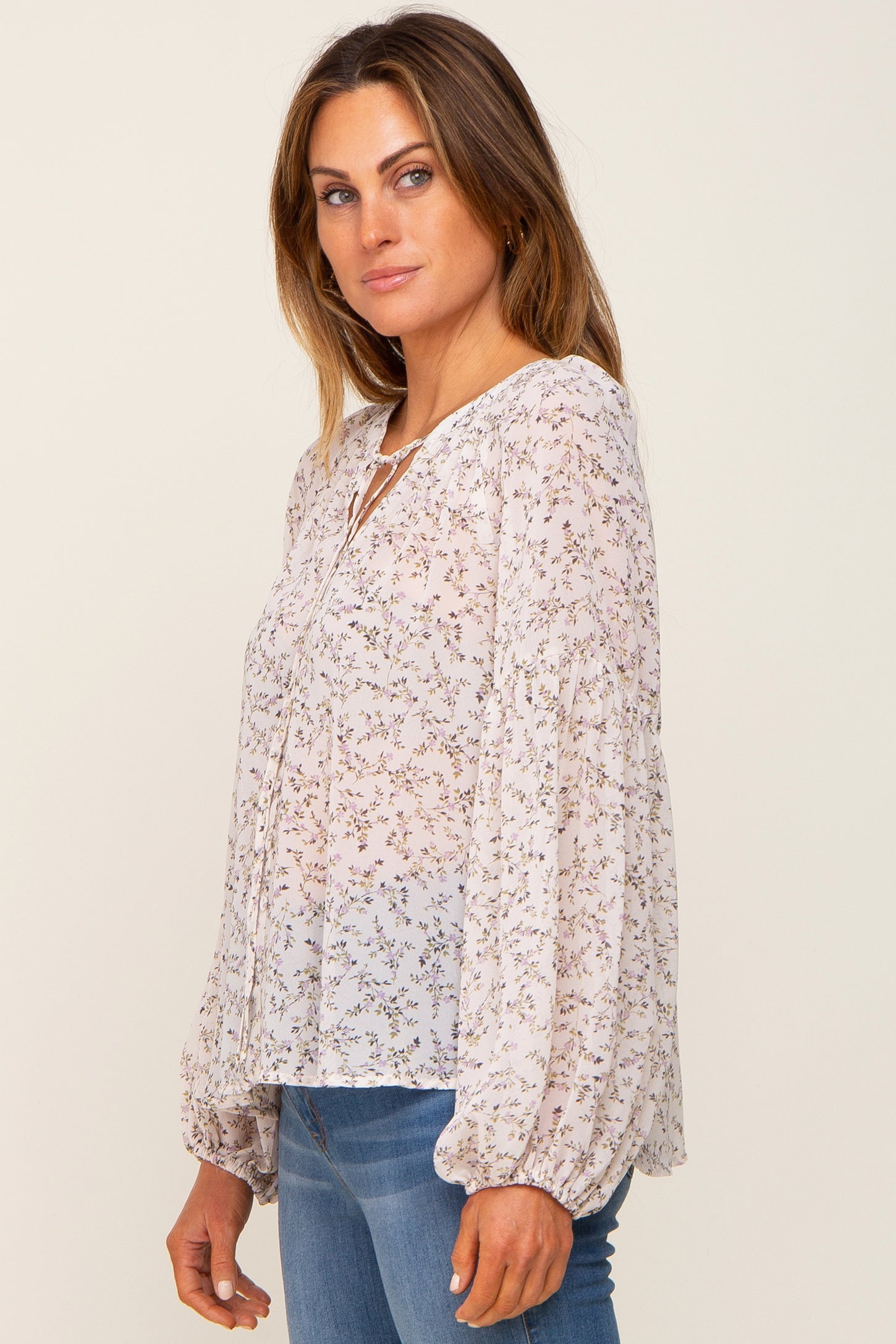 Ivory Floral Button Front Accent Top