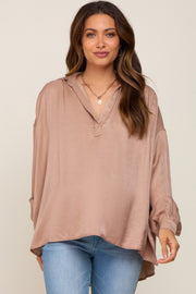 Taupe Silk Collared V-Neck Long Sleeve Maternity Blouse