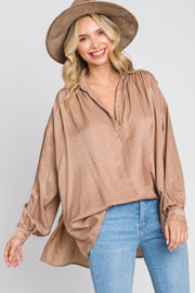 Taupe Silk Collared V-Neck Long Sleeve Blouse