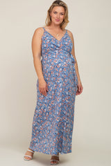 Blue Floral Wrap Front V-Neck Maternity Plus Maxi Dress