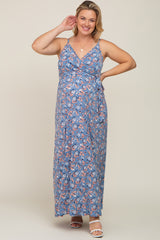 Blue Floral Wrap Front V-Neck Maternity Plus Maxi Dress