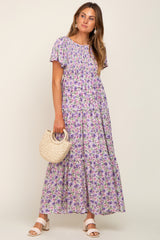 Lavender Floral Smocked Scoop Back Ruffle Hem Maxi Dress