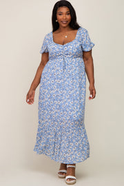 Blue Floral Sweetheart Drawstring Neck Short Sleeve Plus Midi Dress