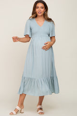 Light Blue Textured Dot Smocked Short Sleeve Maternity Midi Dress