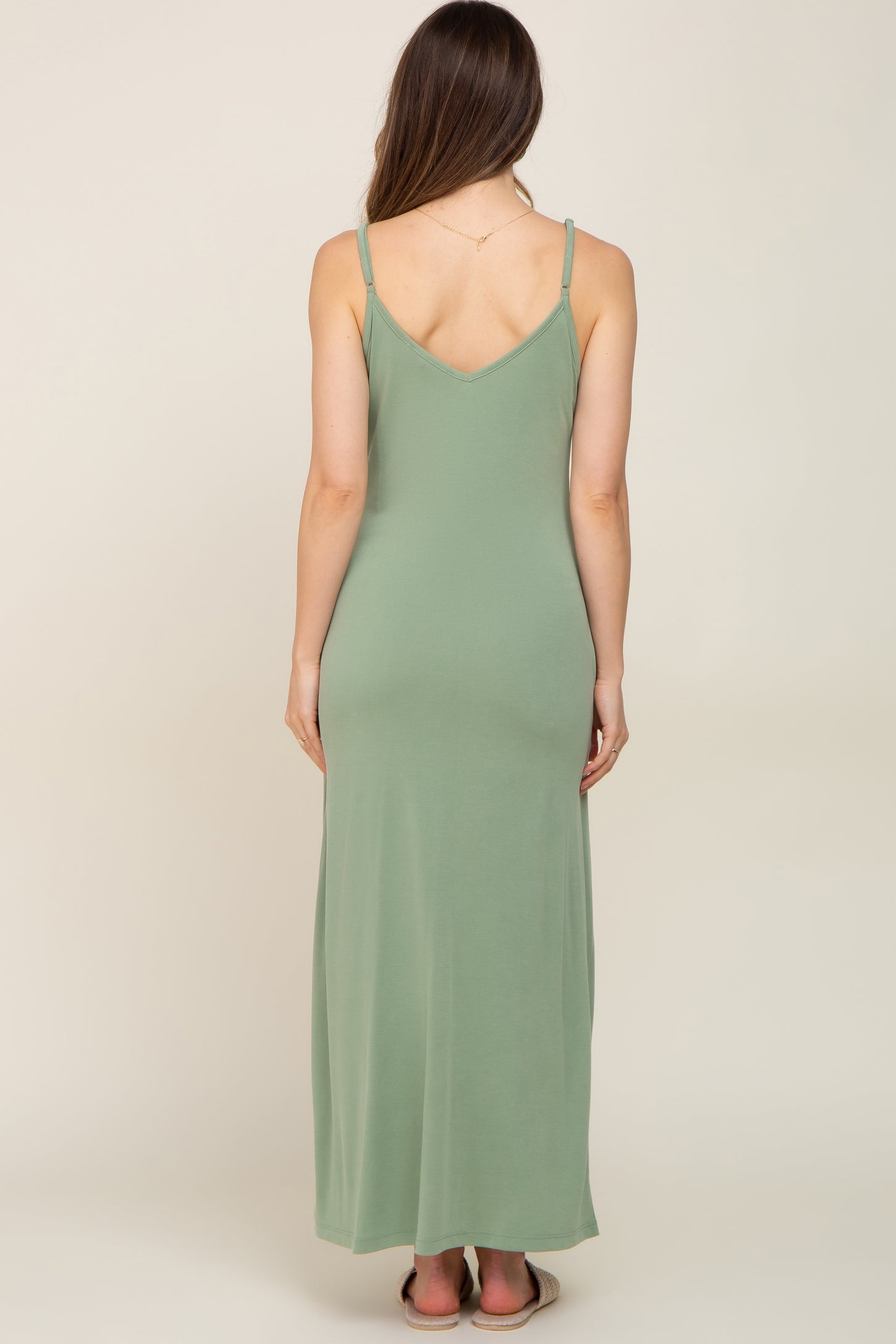 Light Olive Sleeveless V-Neck Maternity Maxi Dress