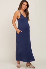 Navy Blue Sleeveless V-Neck Maternity Maxi Dress