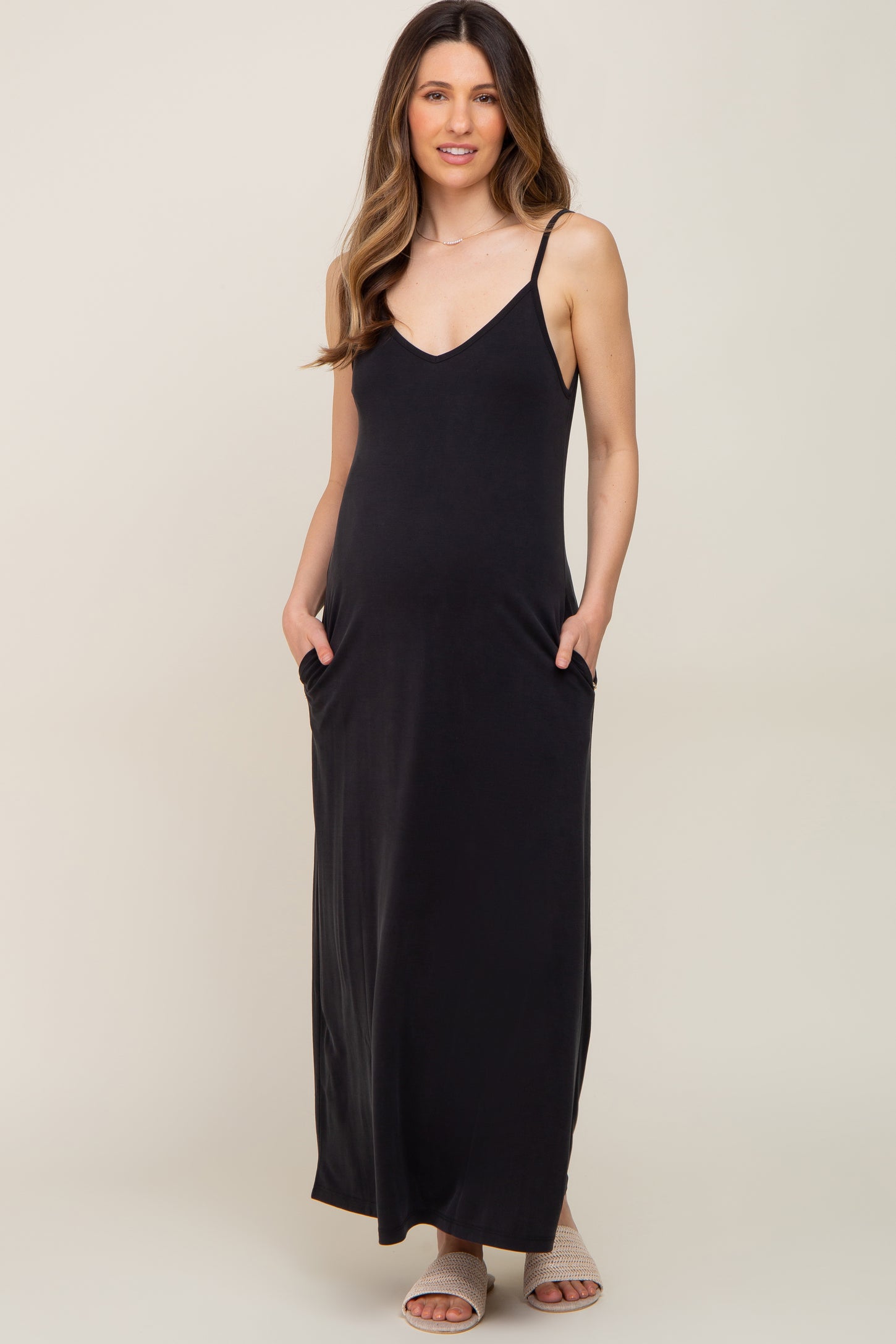 Black Sleeveless V-Neck Maternity Maxi Dress