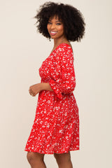 Red Floral 3/4 Sleeve Dress