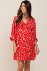 Red Floral 3/4 Sleeve Maternity Dress