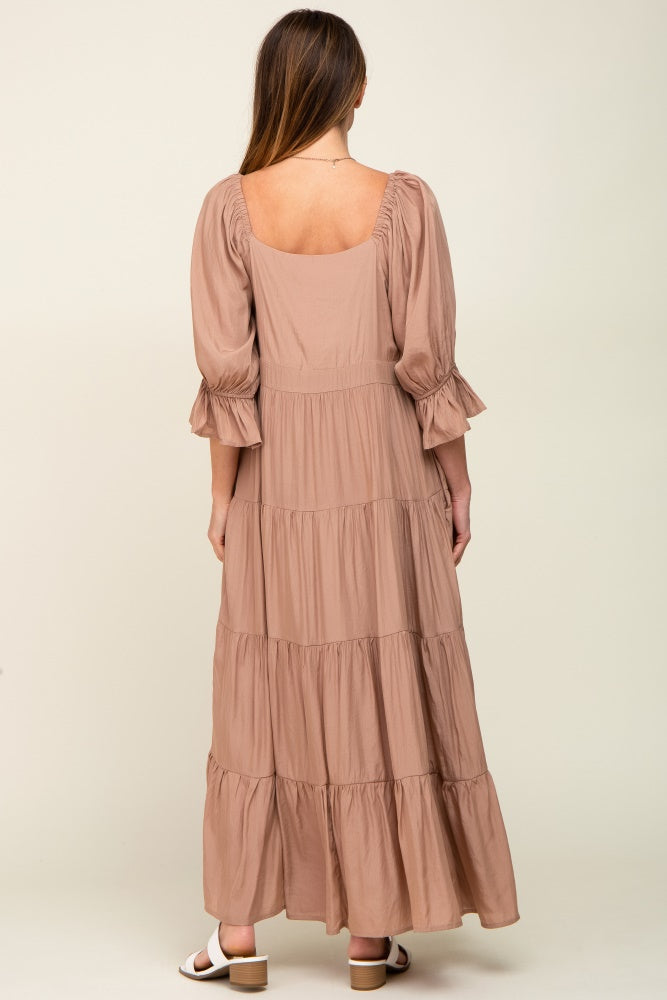 Mocha Square Neck Button Front 3/4 Bell Sleeve Maxi Dress
