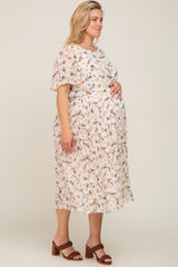 Ivory Floral Chiffon Pleated Short Sleeve Maternity Plus Midi Dress
