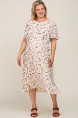 Ivory Floral Chiffon Pleated Short Sleeve Maternity Plus Midi Dress