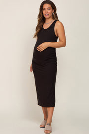 Black Ribbed Sleeveless Ruched Side Slit Maternity Midi Dress