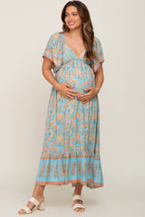 Aqua Floral Print Wrap V-Neck Maternity Midi Dress