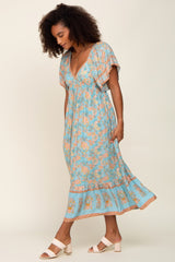 Aqua Floral Print Wrap V-Neck Midi Dress