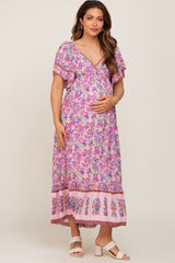 Pink Floral Print Wrap V-Neck Maternity Midi Dress