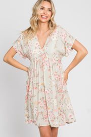 Light Olive Floral V-Neck Short Sleeve Dress