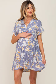 Blue Floral V-Neck Short Sleeve Maternity Dress