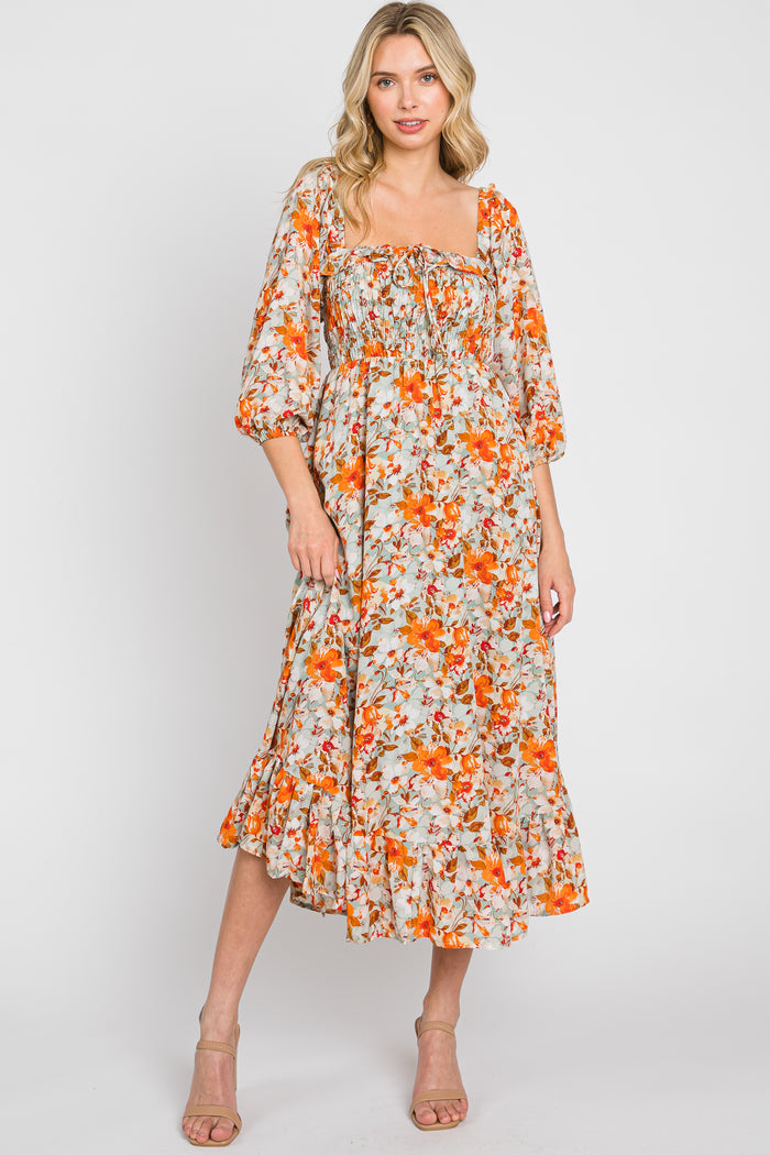 Light Blue Floral Ruffle Square Neck Smocked Front Tie Midi Dress