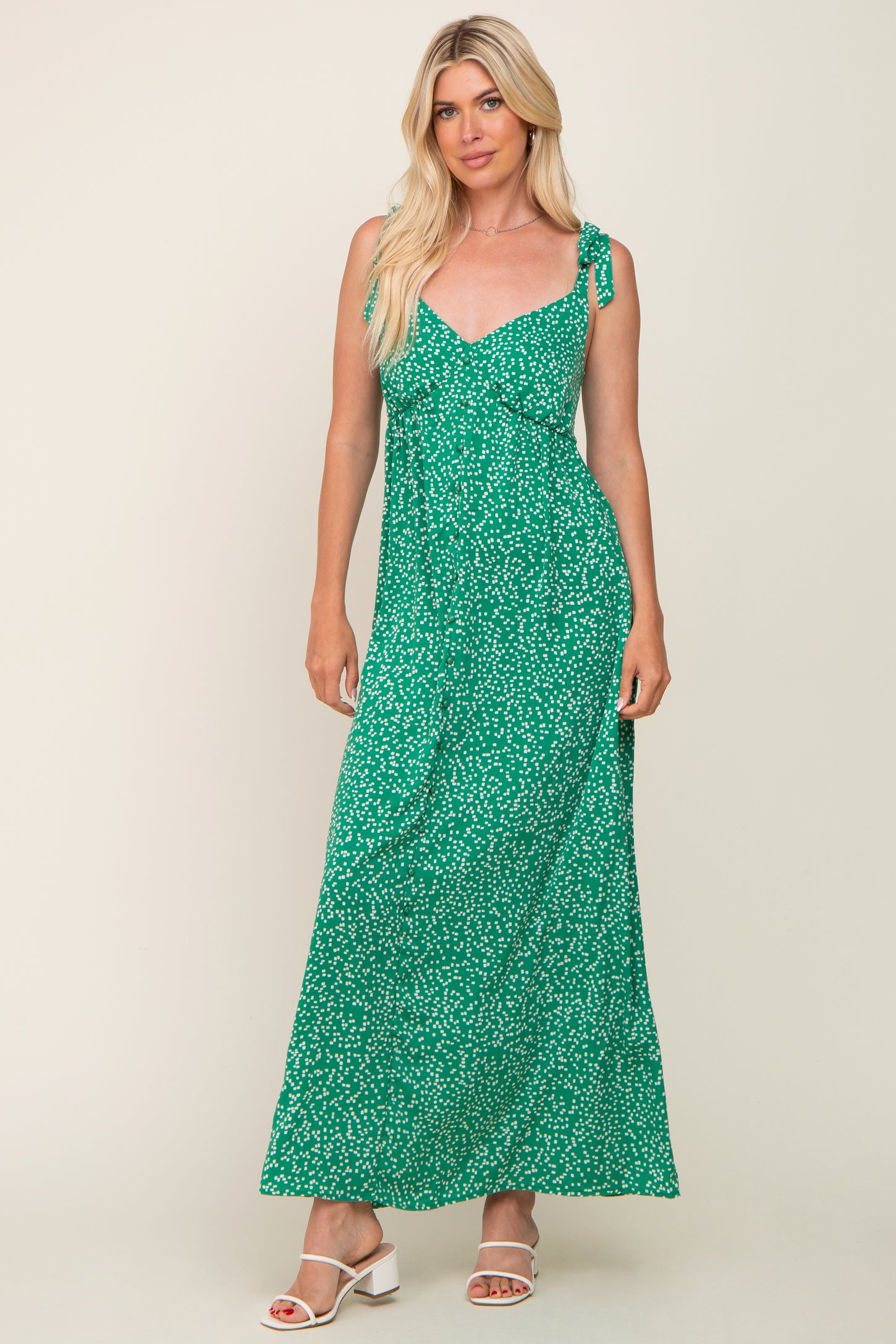 Green Button Front Tie Shoulder Maternity Maxi Dress