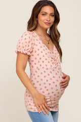 Pink Floral Sweetheart Puff Sleeve Maternity Top