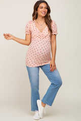 Pink Floral Sweetheart Puff Sleeve Maternity Top
