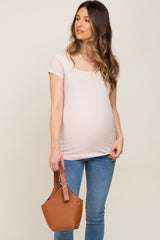Light Pink Ribbed Squared Neck Cap Sleeve Maternity Top