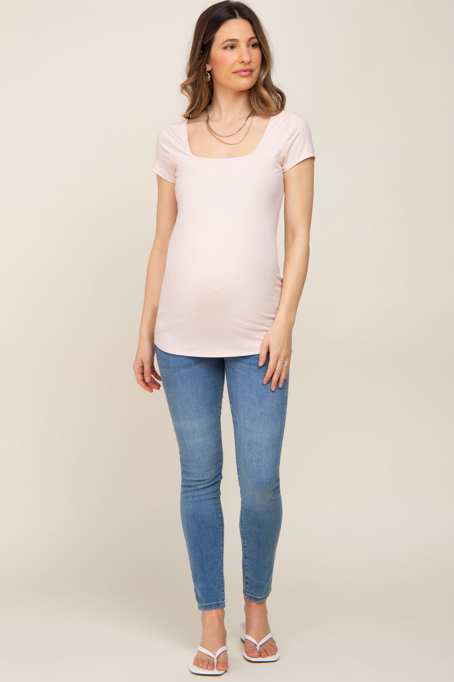Light Pink Ribbed Squared Neck Cap Sleeve Maternity Top