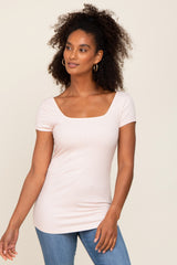 Light Pink Ribbed Squared Neck Cap Sleeve Maternity Top