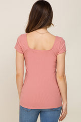 Salmon Ribbed Squared Neck Cap Sleeve Maternity Top