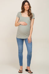 Sage Ribbed Squared Neck Cap Sleeve Maternity Top