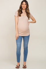 Taupe Ribbed Squared Neck Cap Sleeve Maternity Top