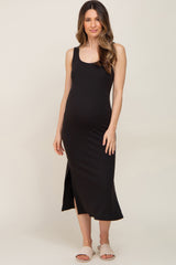 Black Ribbed Side Slit Maternity Midi Dress