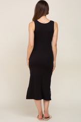 Black Ribbed Side Slit Maternity Midi Dress