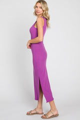 Purple Ribbed Side Slit Midi Dress