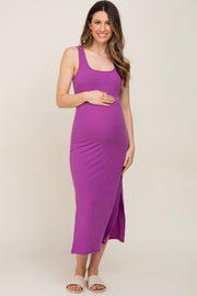 Purple Ribbed Side Slit Maternity Midi Dress