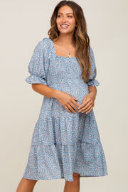 Blue Floral Smocked Tiered Maternity Dress